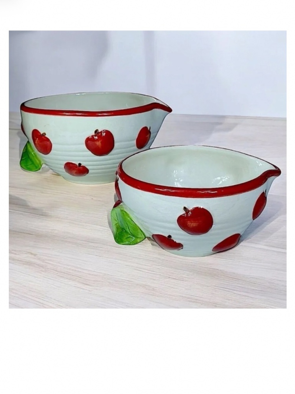 Apple Themed Ceramic Mixing Bowls Vintage Nesting Design Pour Spots and Handles